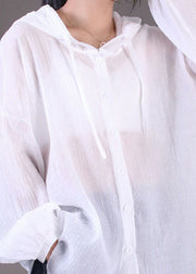 Damen Weißer einfarbiger Kordelzug mit Kapuze Baumwolle lockerer Mantel mit langen Ärmeln