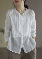 Weißes, solides Damen-Leinenhemd mit O-Ausschnitt und langen Ärmeln
