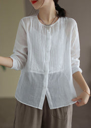 Women White Solid O-Neck Linen Shirt Tops Long Sleeve