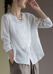 Women White Solid O-Neck Linen Shirt Tops Long Sleeve