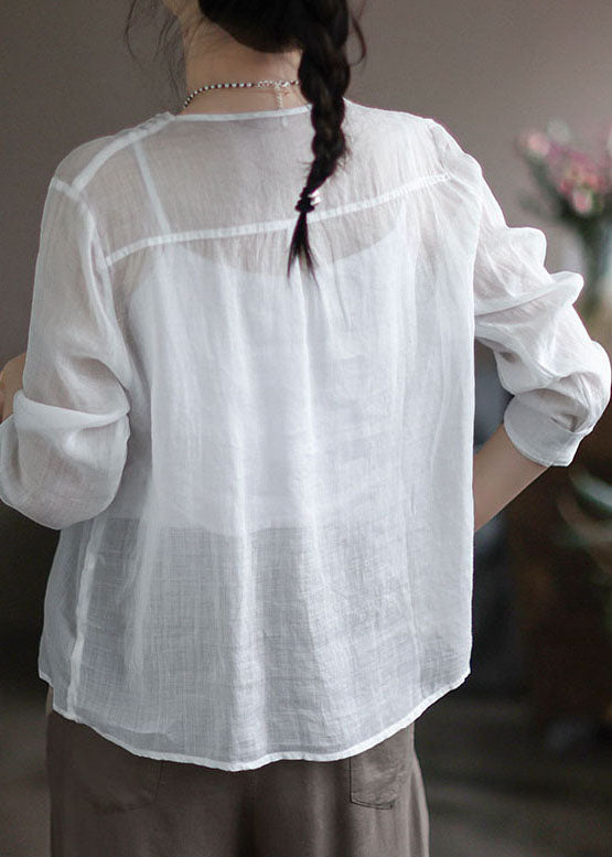 Weißes, solides Damen-Leinenhemd mit O-Ausschnitt und langen Ärmeln
