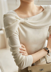 Women White Square Collar Bow  Cotton Knit Tops Fall