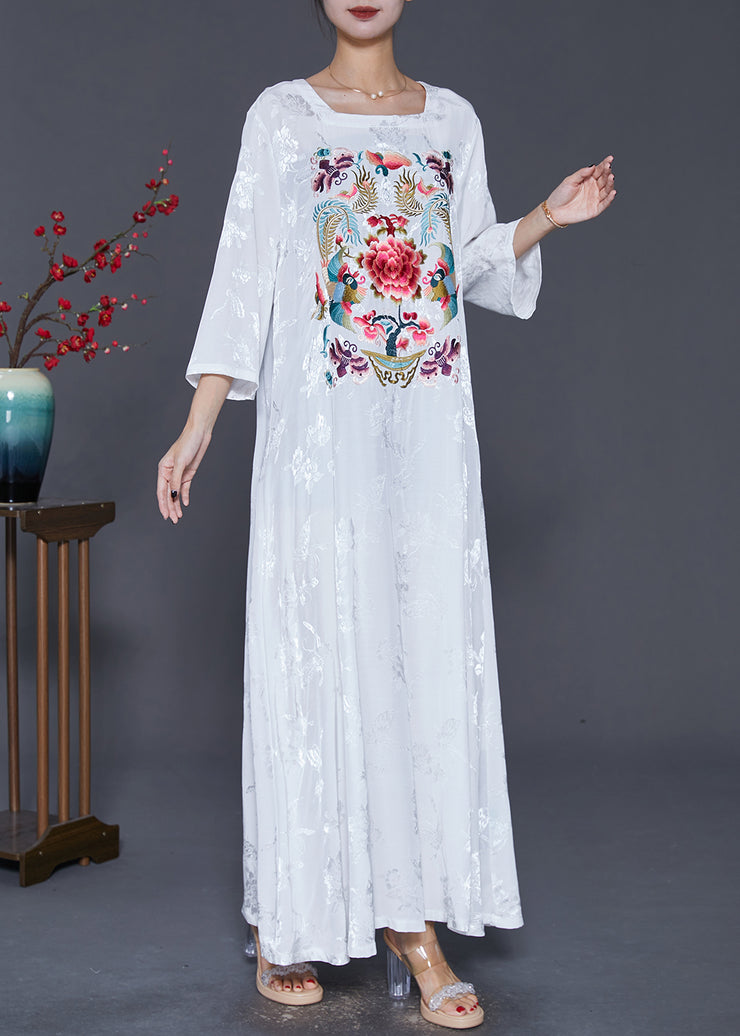 Women White Square Collar Embroidered Silk Ankle Dress Fall