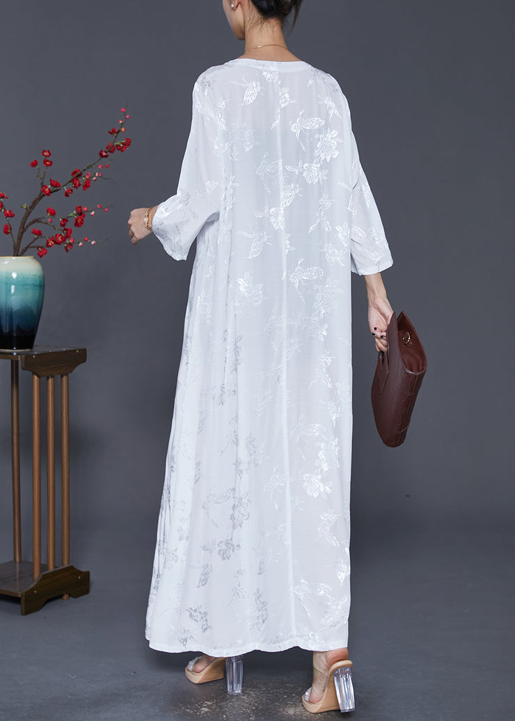 Women White Square Collar Embroidered Silk Ankle Dress Fall