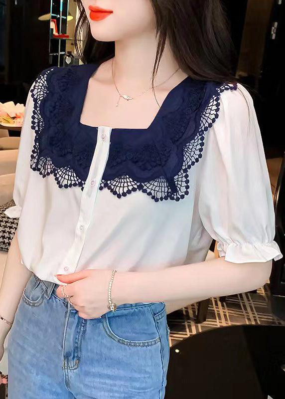 Women White Square Collar Lace Patchwork Button Shirt Short Sleeve