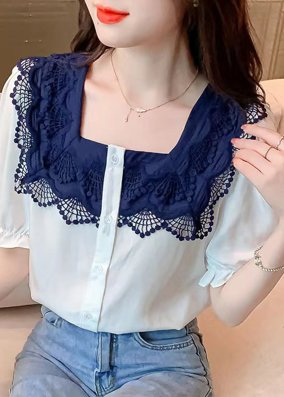 Women White Square Collar Lace Patchwork Button Shirt Short Sleeve