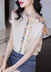 Women White Stand Collar Asymmetrical Ruffled Print Silk Tops Summer