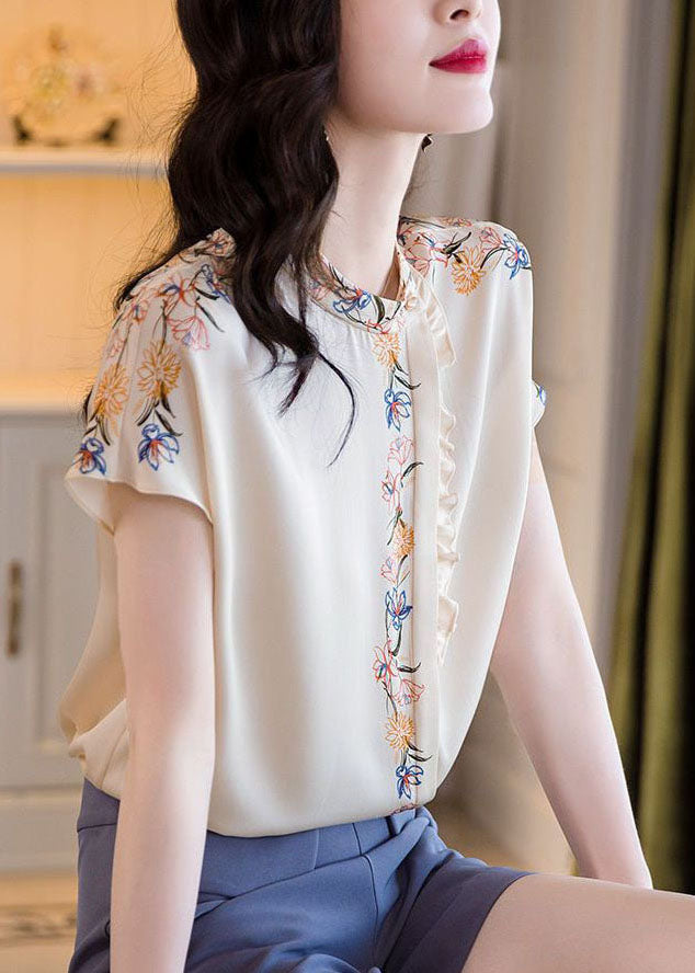 Women White Stand Collar Asymmetrical Ruffled Print Silk Tops Summer