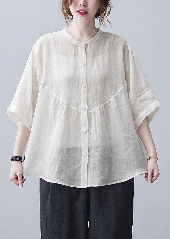 Women White Stand Collar Button Summer Cotton Linen Blouses - SooLinen