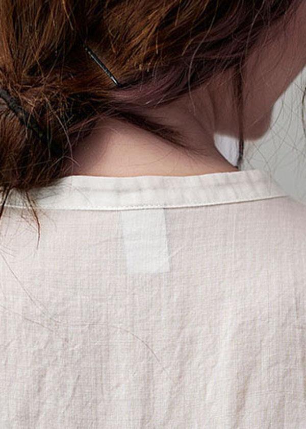 Women White Stand Collar Button Summer Cotton Linen Blouses - SooLinen