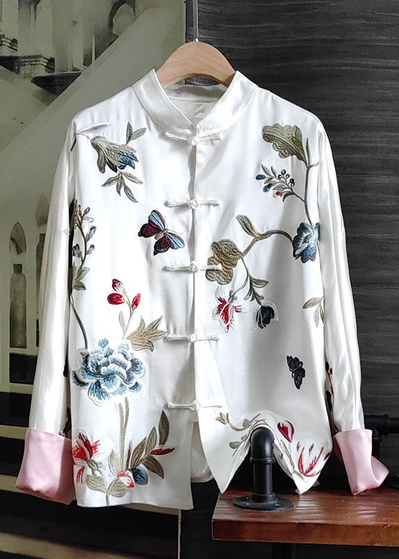 Women White Stand Collar Chinese Button Embroidered Silk Tops Spring