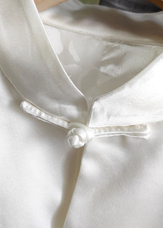 Women White Stand Collar Chinese Button Embroidered Silk Tops Spring