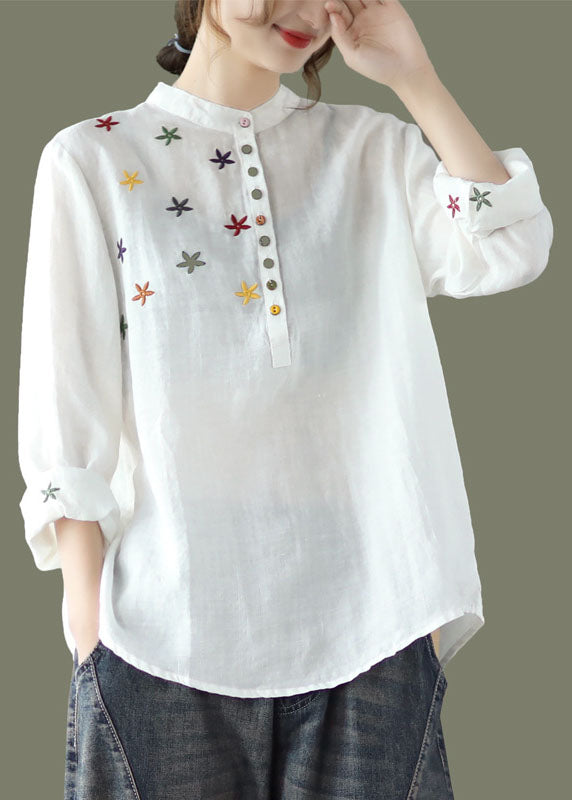 Women White Stand Collar Embroidered Linen Shirt Spring