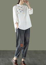Women White Stand Collar Embroidered Linen Shirt Spring