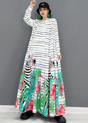 Women White Stand Collar Striped Print Cotton Party Long Dress Long Sleeve