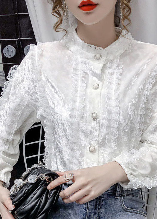 Women White Stand Collar button Lace Patchwork Velour Shirt Tops Long sleeve