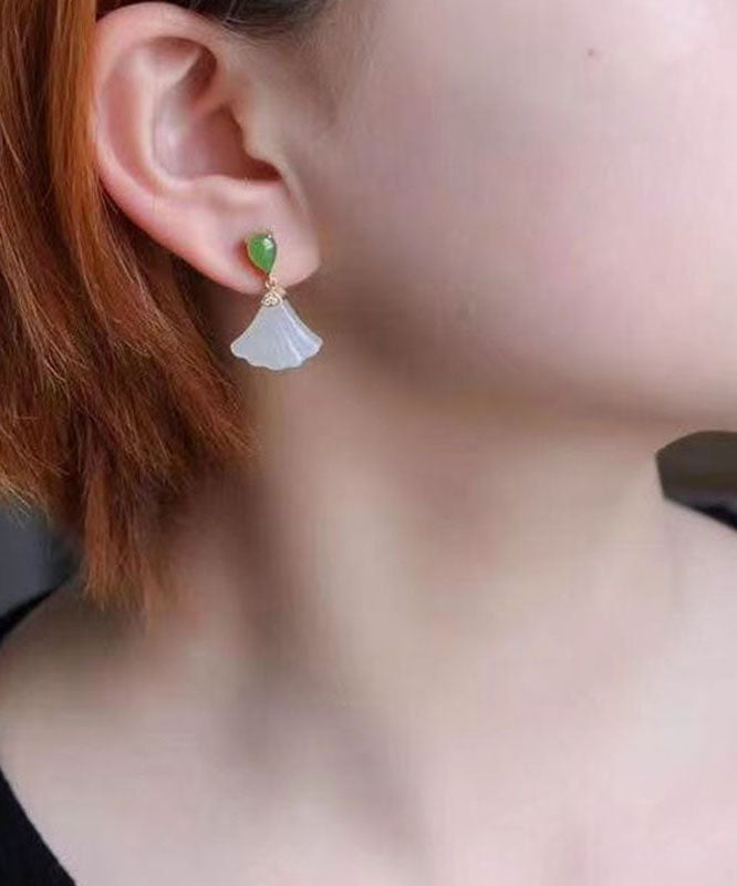 Women White Sterling Silver Inlaid Jade Fan Shaped Drop Earrings