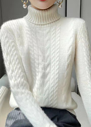 Women White Turtleneck Wool Cable Knit Sweaters Long Sleeve