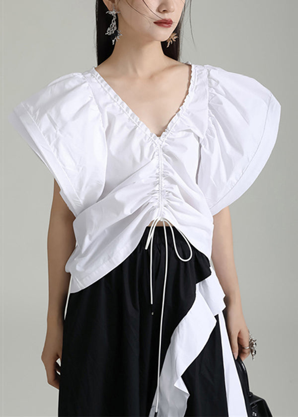 Women White V Neck Drawstring Patchwork Cotton Top Butterfly Sleeve