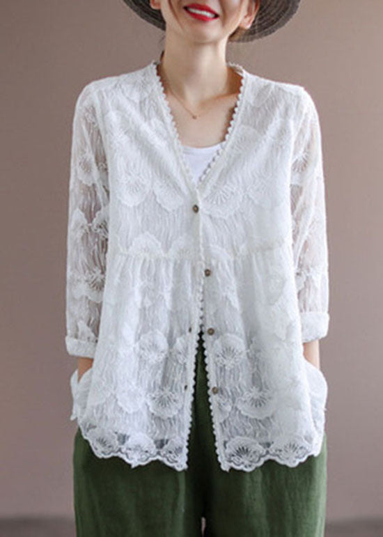 Women White V Neck Embroidered Lace Cardigans Tops Spring