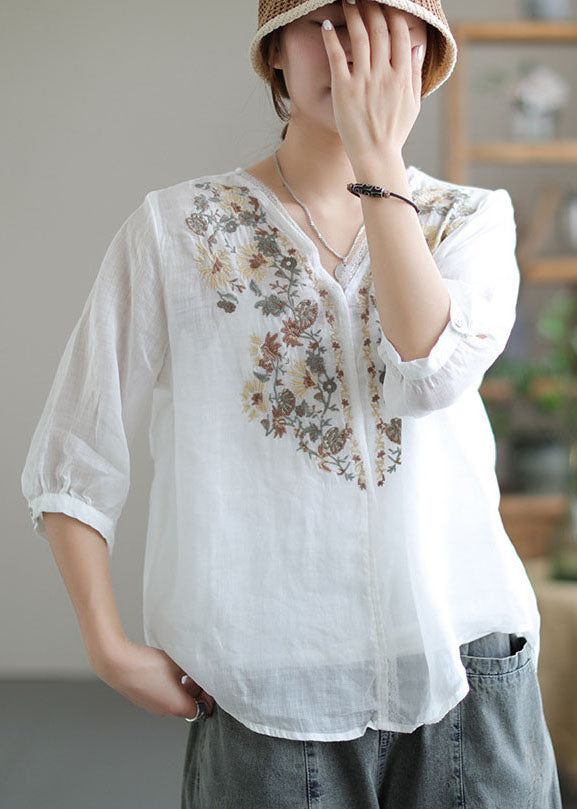 Women White V Neck Embroidered Linen Blouse Tops Half Sleeve