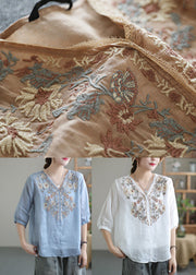 Women White V Neck Embroidered Linen Blouse Tops Half Sleeve