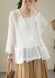 Women White V Neck Oversized Cotton UPF 50+ Cardigan Summer