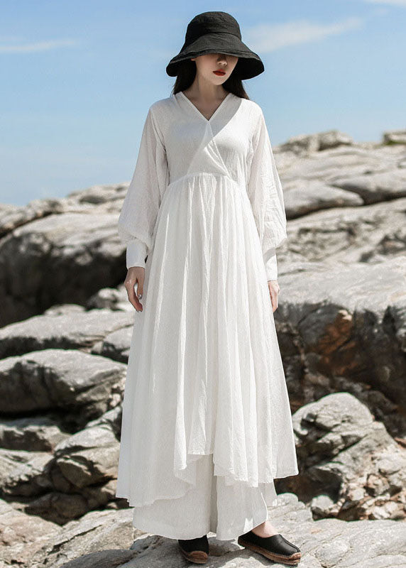 Women White V Neck Patchwork Maxi Dresses Spring