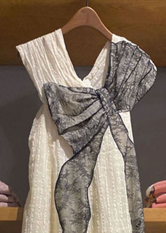 Women White V Neck Wrinkled Lace Patchwork Cotton Dress Sleeveless