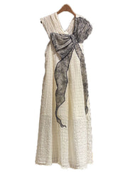 Women White V Neck Wrinkled Lace Patchwork Cotton Dress Sleeveless