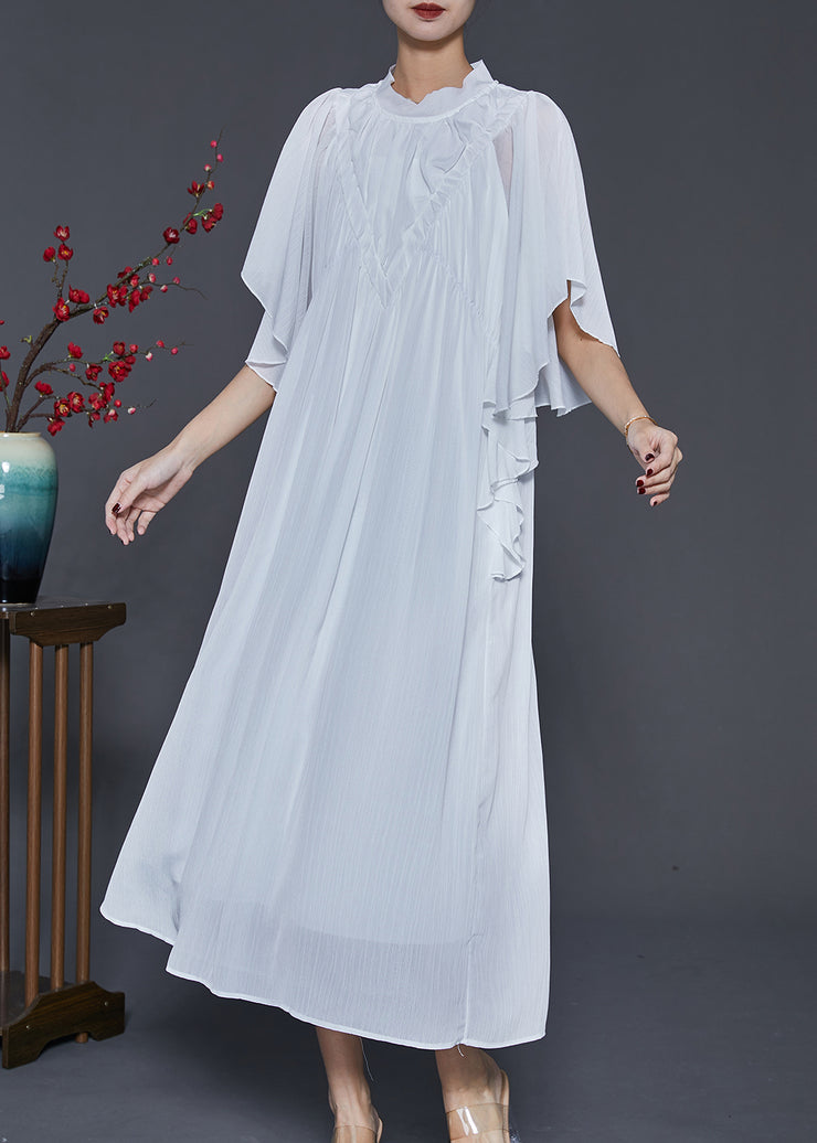 Women White Wrinkled Chiffon Long Dresses Butterfly Sleeve