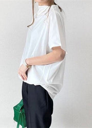 Women White Wrinkled Cotton T Shirt Tops Short Sleeve