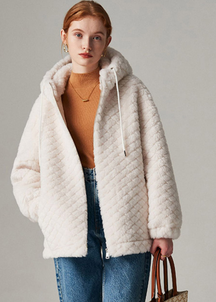 Women White Zippered Faux Fur Hooded Coat Winter