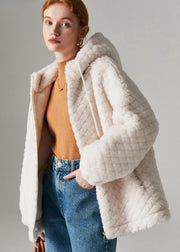 Women White Zippered Faux Fur Hooded Coat Winter