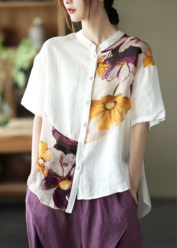 Women White asymmetrical design Print Loose Fall Shirt Half Sleeve