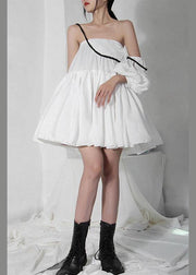 Women White asymmetrical design Puff Sleeve Cold Shoulder Cotton Spaghetti Strap Dress - SooLinen
