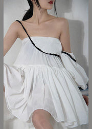 Women White asymmetrical design Puff Sleeve Cold Shoulder Cotton Spaghetti Strap Dress - SooLinen