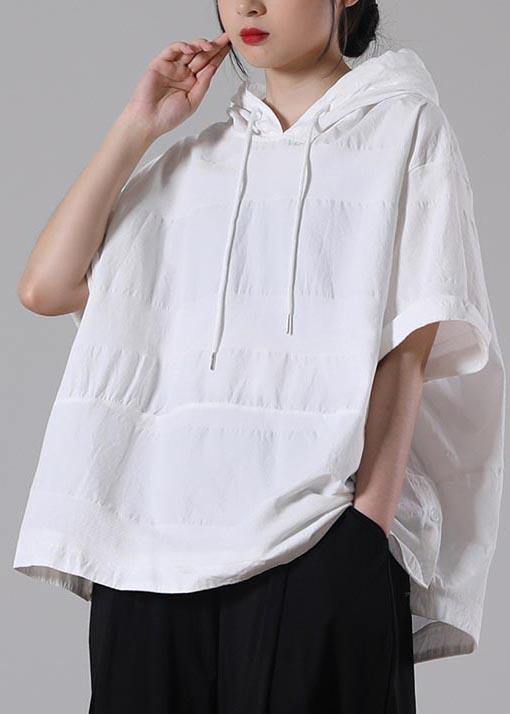 Women White hooded side open Cotton T Shirt Summer - SooLinen