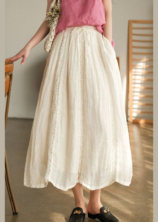 Women White tie waist lace Patchwork Linen Skirts Spring
