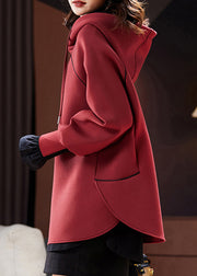 Women Wine Red Hooded Sequins Patchwork Cotton Sweatshirt Spring