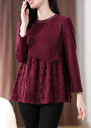 Women Wine Red Lace Patchwork Knit Top Long Sleeve