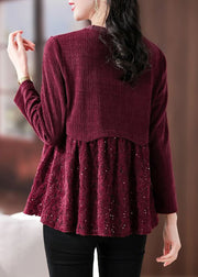 Women Wine Red Lace Patchwork Knit Top Long Sleeve