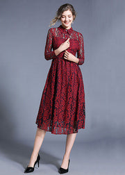 Women Wine Red Peter Pan Collar Hollow Out Lace Dresses Summer