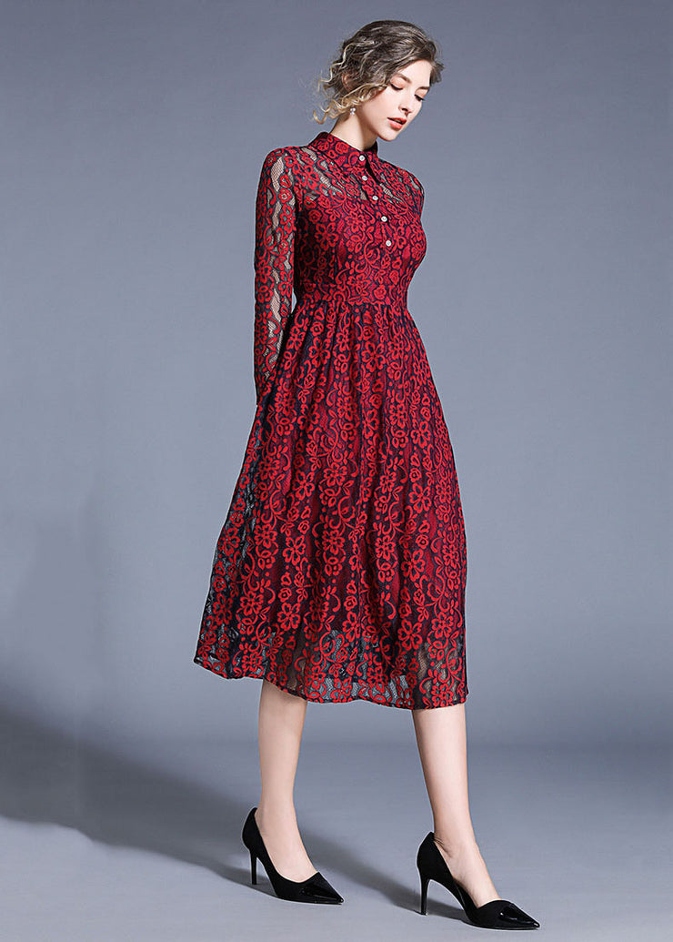 Women Wine Red Peter Pan Collar Hollow Out Lace Dresses Summer