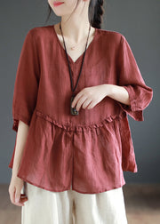 Women Wine Red Ruffled Side Open Patchwork Linen Shirts Summer