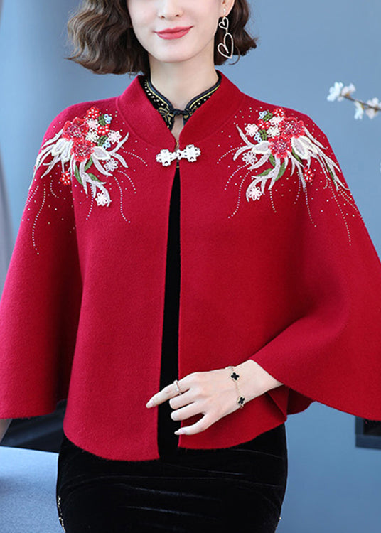 Women Wine Red Stand Collar Embroidered Patchwork Woolen Coats Fall