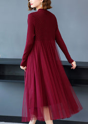 Women Wine Red Wrinkled Patchwork Knit Sweater Dress Long Sleeve