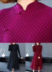 Women Wine Red Wrinkled Patchwork Knit Sweater Dress Long Sleeve