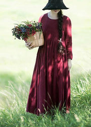 Women Wine red O-Neck Patchwork Spring Dresses - SooLinen