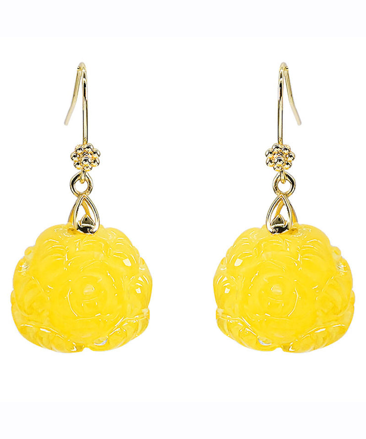 Women Yellow 14K Gold Amber Beeswax Floral Drop Earrings